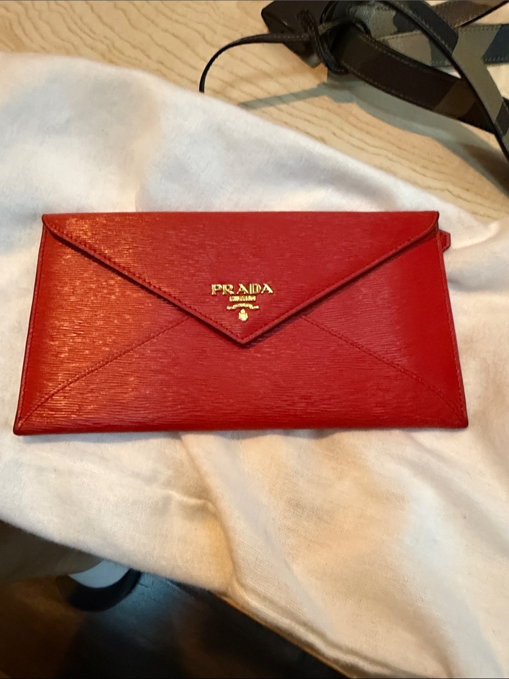 Prada Red Saffiano Envelope Clutch with Gold Logo